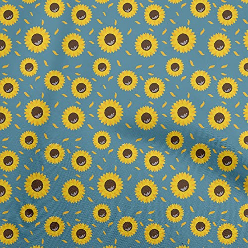 oneOone Cotton Cambric Teal Blue Fabric Floral Sunflower Silhouette Sewing Fabric By The Yard Printed DIY Clothing Sewing Supplies 56 Inch Wide