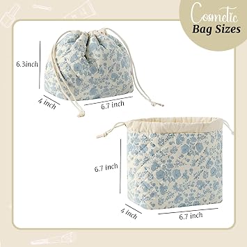 Ulico Personalized Quilted Drawstring Makeup Bag, Customized Cute Cotton Makeup Bag with Embroidered Name, Drawstring Pouch Opens Flat