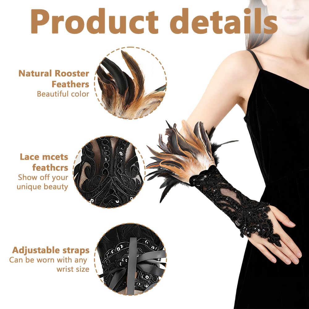ZSUIQIN 1 Pair Feather Wrist Cuffs,Feather Gloves,Long Lace Fingerless Gloves,Suitable for Bonfire Nights Celebrations - Image 4