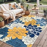 GENIMO Indoor Outdoor Area Rug 5'x8', Machine Washable Rugs for Patio, Waterproof, Non-Slip Easy Cleaning Floral Outdoor Mat Carpet for Living Room, Bedroom, RV, Balcony, Deck, Camping, Navy Blue