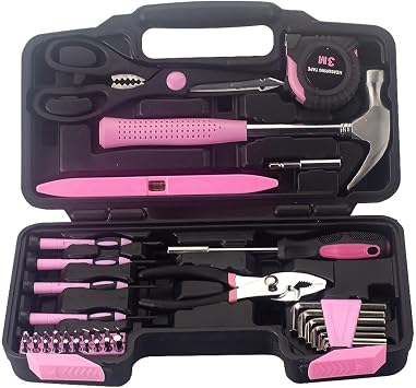 Tool Set, Womens Tools, Home Tool Set, Household Use, Tool Box, Work Tool Set, Daily Tool Kit, Home Repair, DIY Use, Precision Screwdriver, Scissors, Knife, 39 Piece Set Pink-Level