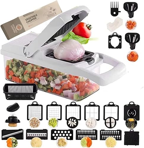 BAWARCHI Picador de verduras con recipiente, cortador de alimentos 22 en 1 con 11 cuchillas de acero inoxidable, cortador de verduras, picador de