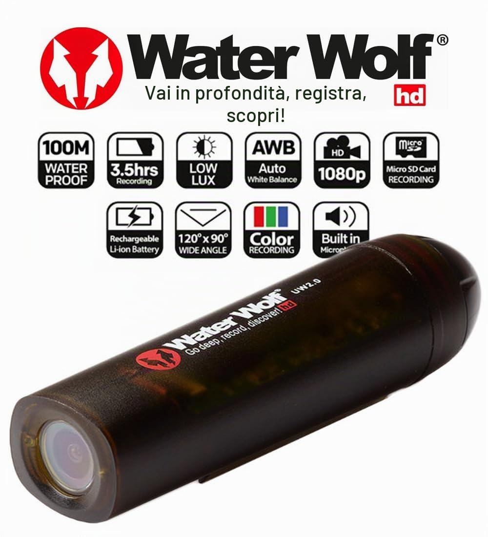 Water Wolf 2.0 Videocamera da pesca subacquea | Videoregistratore Full HD 1080p per il lancio e la traina | Action Cam impermeabile per pescatori d'acqua dolce e salata | Strike & Esca Cam