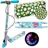 JD RAZOR MS-105RB キックボード キックスクーター 子供 小学生 ハンド ブレーキ付き LED 光る タイヤ 折り畳み コンパクト 軽量 2輪 プレゼント ギフト (【ラッピング済】ハート パステルブルー)