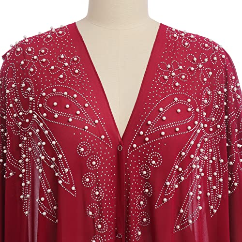 Image of OBEEII Muslim Dress for Women Loose Batwing Sleeved Hooded Beaded Embroidery Long Abaya Dress Kaftan Abayas Islamic Robe