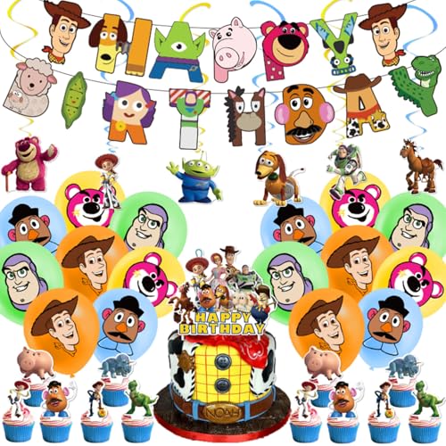 Story Decoration Anniversaire - comprenant bannière、Spirales suspendues、Cup Cake Topper，Kit de Fête Avec Ballons pour Enfants