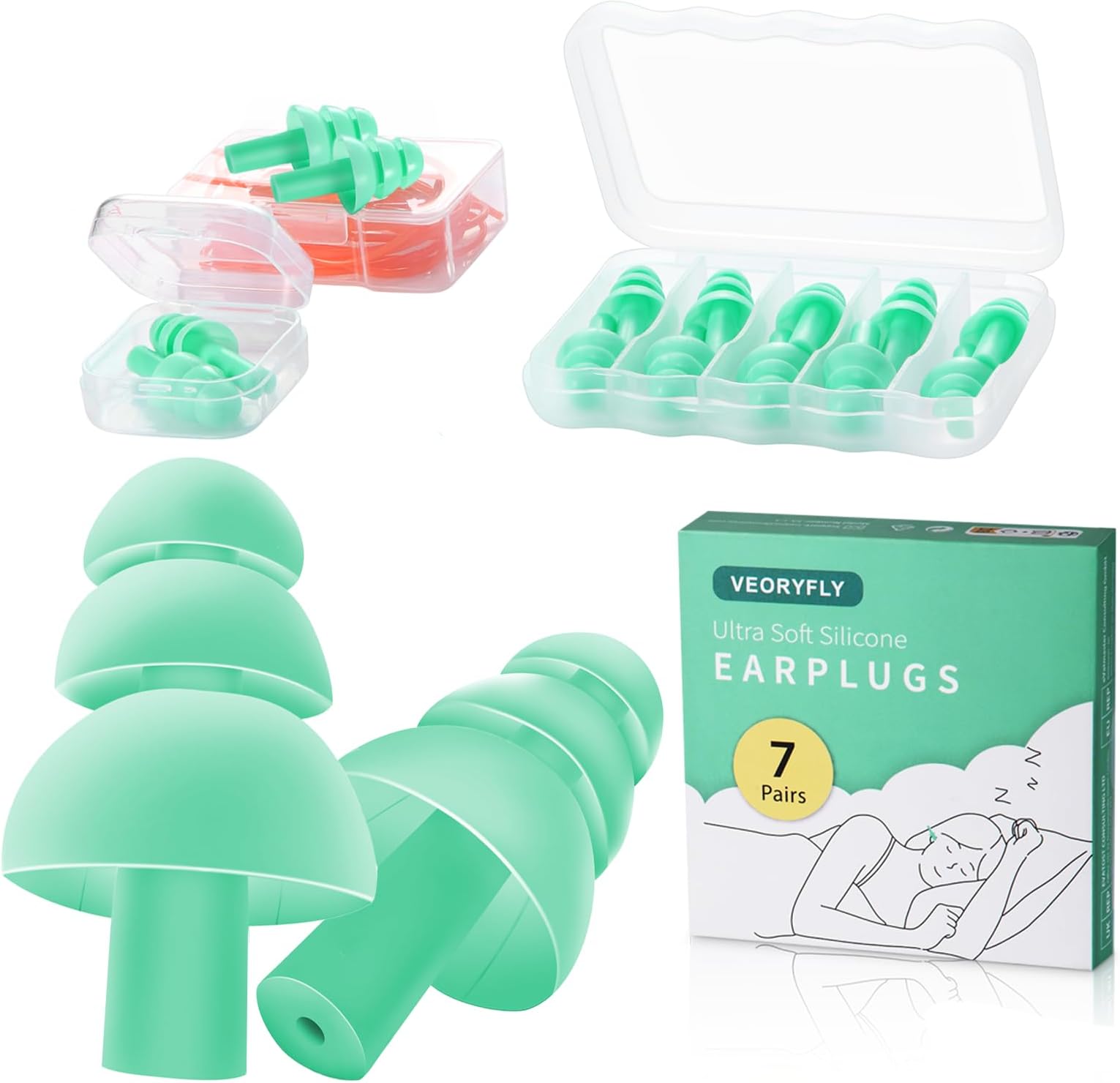 Ultra Soft Sleeping Ear Plugs for Swimming Sleeping Noise Cancelling 7 Pairs，2025 New Reusable Silicone Ear Plugs for Noise Reduction Earplugs for Sleep Concert Snoring-3 Portable Cases Mint Green