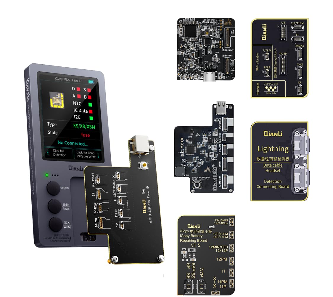 Qianli iCopy 2.3 6 in 1 iPhone 7/8/8P/X/XR/XS/XSMAX/11 Pro Max/12/13/14/15 Pro + PM Face ID, LCD, Vibrator Transfer EEPROM Programmer & Battery, Lightening Board, True Tone