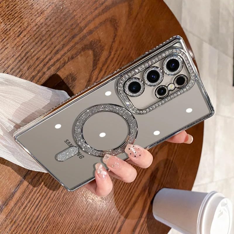 Image of for Samsung Galaxy Glitter Case,Luxury Bling Rhinestone Diamond Plated Bumper Case,MagSafe, Sparkle Camera Lens Protection Clear Back Cover (Silver, for Samsung Galaxy S25 Ultra)