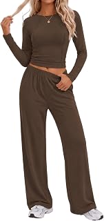 Ekouaer Women's Lounge Set 2-Piece Ribbed Top Wide Leg Pants Breathable Stretch