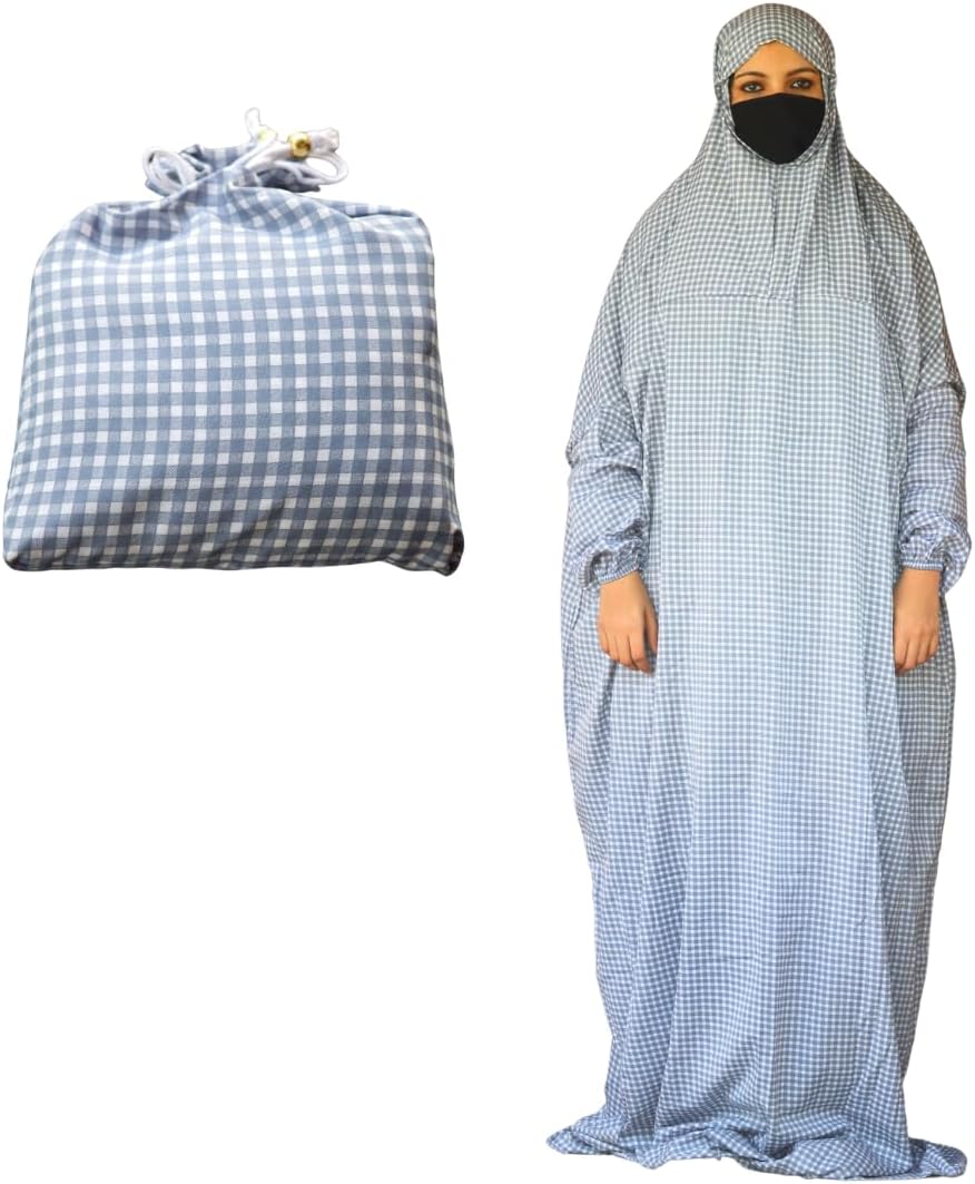 GLOWKRWomen's Islamic Prayer Dress with Hijab Turkish Islamic Dresses, /Niskarakuppayam/Namaz Khimar/Muslim Outfits Long Robe Abaya, Checkered Pattern, Long Sleeves, Free Size, Crepe Fabric