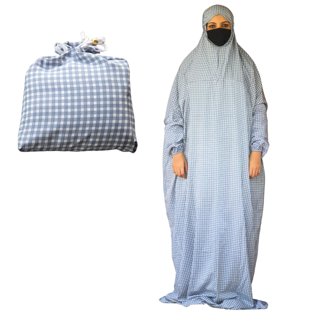 GLOWKRWomen's Islamic Prayer Dress with Hijab Turkish Islamic Dresses, /Niskarakuppayam/Namaz Khimar/Muslim Outfits Long Robe Abaya, Checkered Pattern, Long Sleeves, Free Size, Crepe Fabric