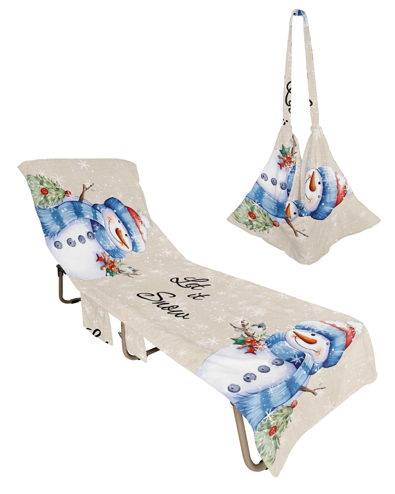 Christmas Snowman Beach Lounge Chair Towel Cover, Soft Chaise Lounge Towel with Side Pockets Patio Pool Chairs Cover for Beach/Pool Sunbathing 29x85 Xmas Birds Winter Snowflake Rustic Burlap