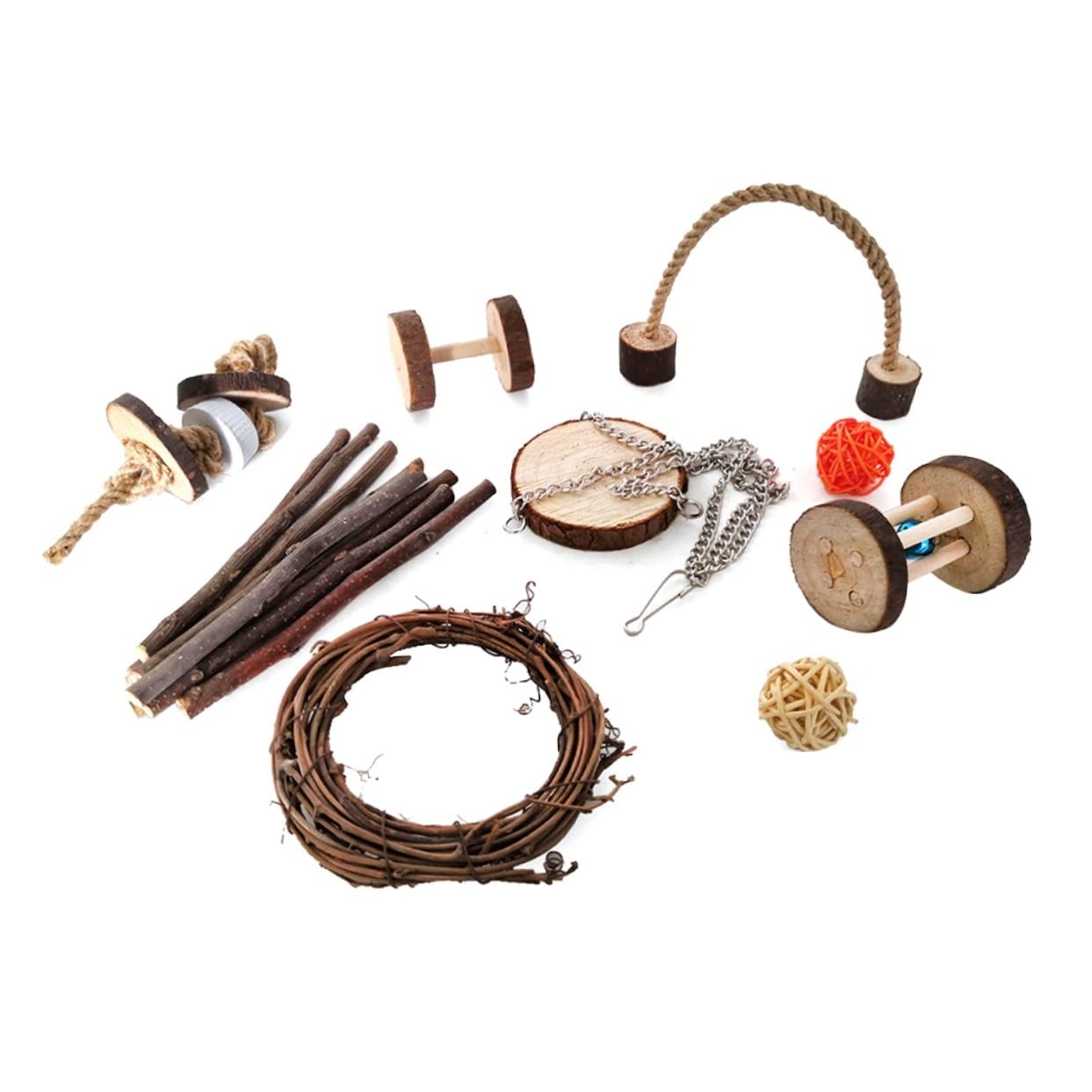 Mipcase 18pezzi Giocattoli Legno Per Roditori e Uccelli Gioco Masticabile Sicuro Per Criceti Conigli e Pappagalli Design Con Tavoletta Bastoncini e Pallina Di Rattan Per Intrattenimento e