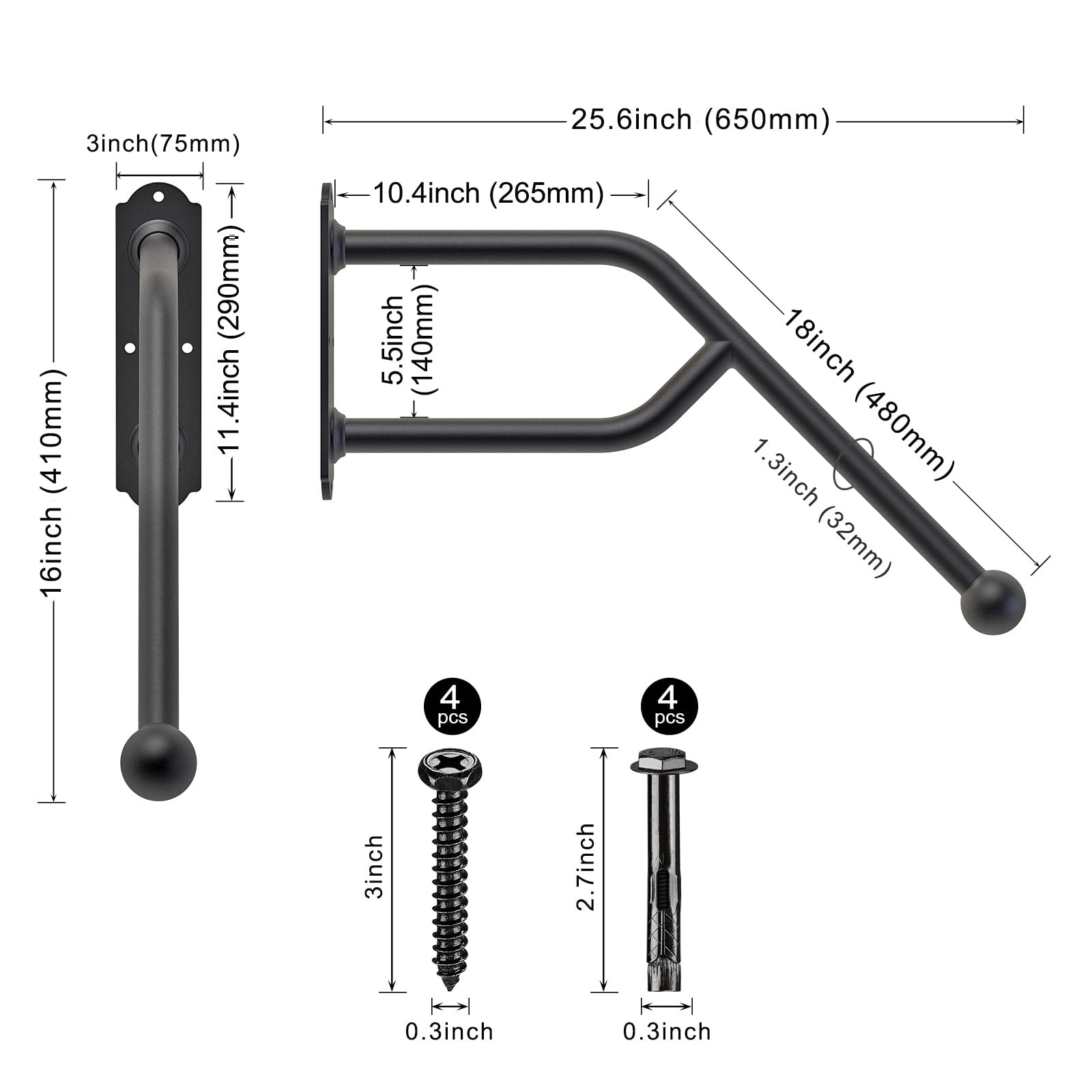 SELEWARE Main courante en fer soudée 66 cm 3,3 cm diamètre pour marches extérieures garde-corps