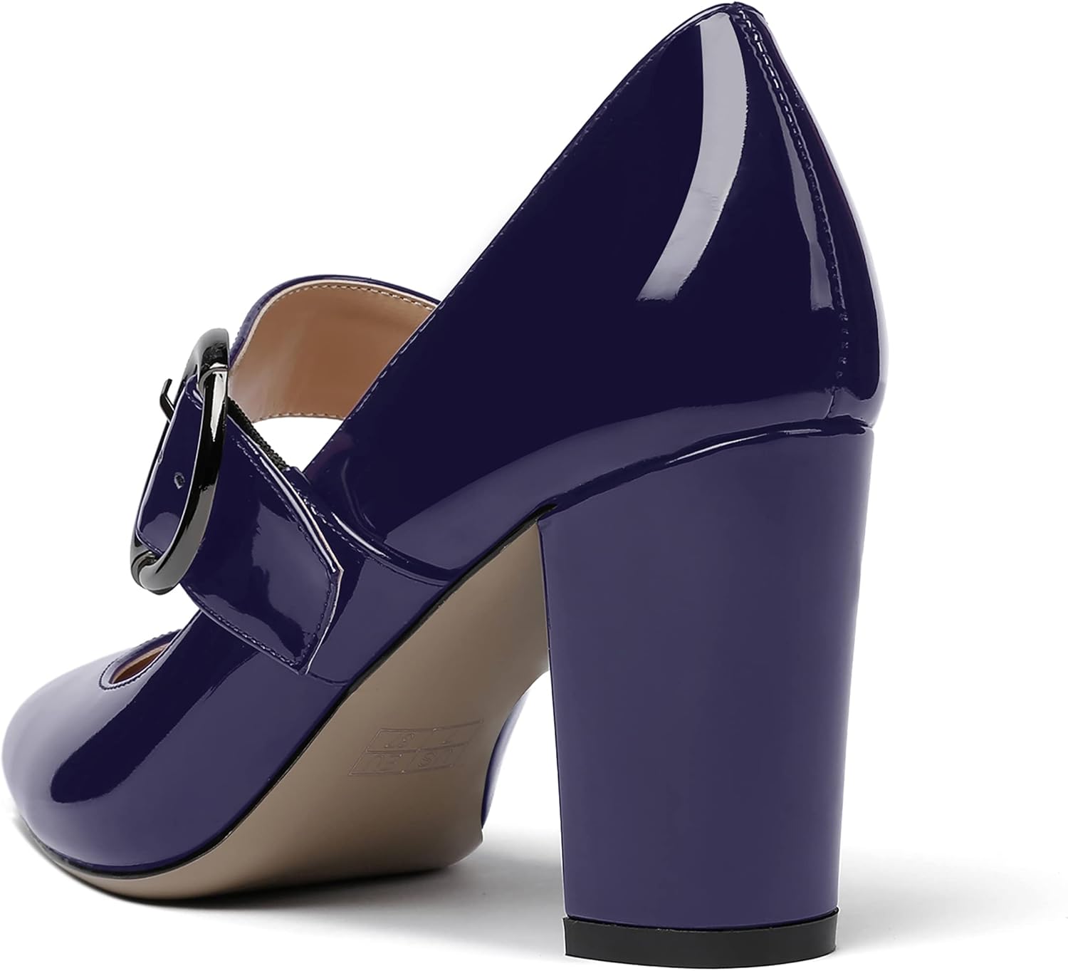 WAYDERNS Women's Pointed Toe Wedding Mary Jane Dress Adjustable Strap Circle Buckle Patent Solid Block High Heel Pumps Shoes 3.3 Inch