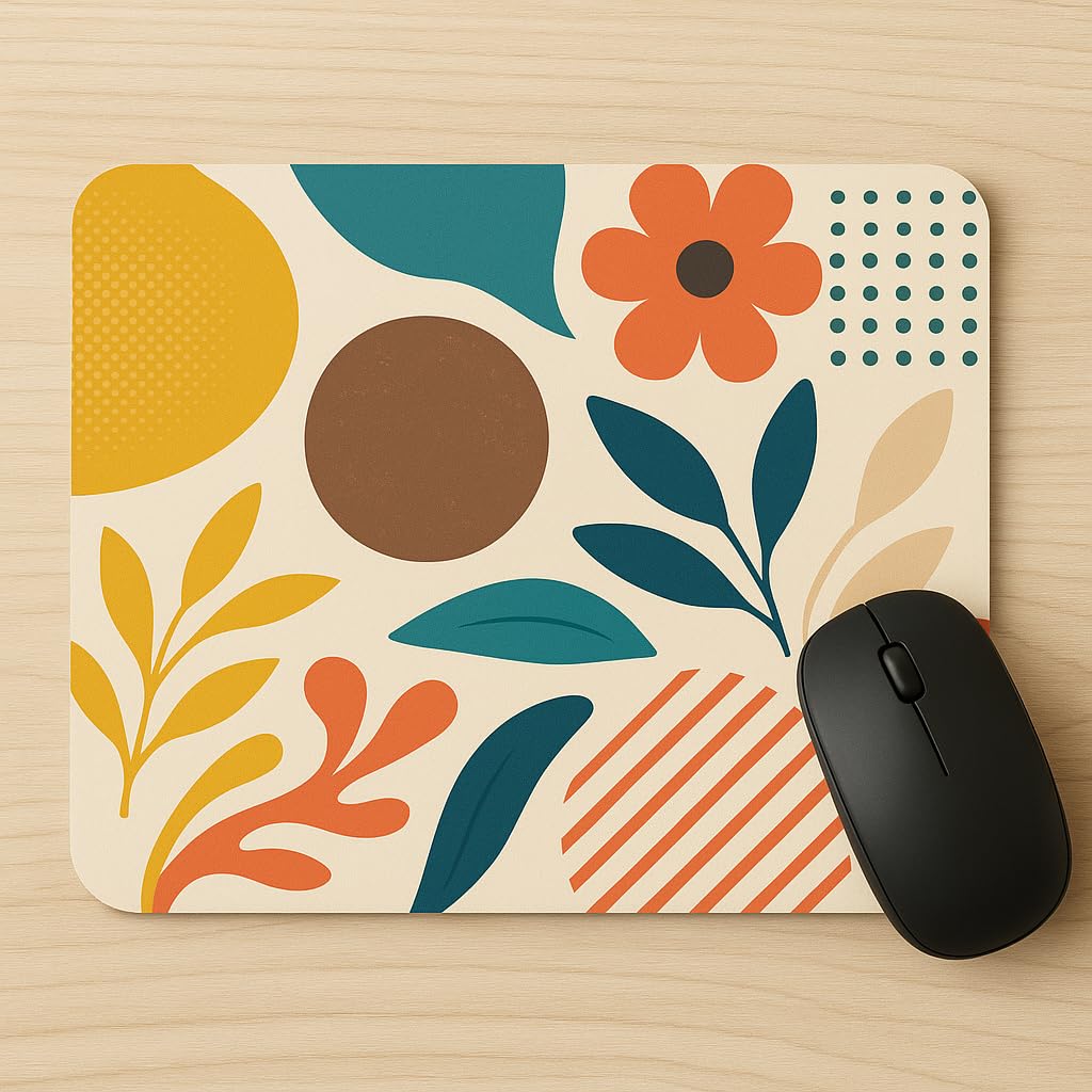 Mouse Pad, Abstract Floral Design, Multicolor Geometric Pattern, Retro Style, Non-Slip Rubber Base-image-24