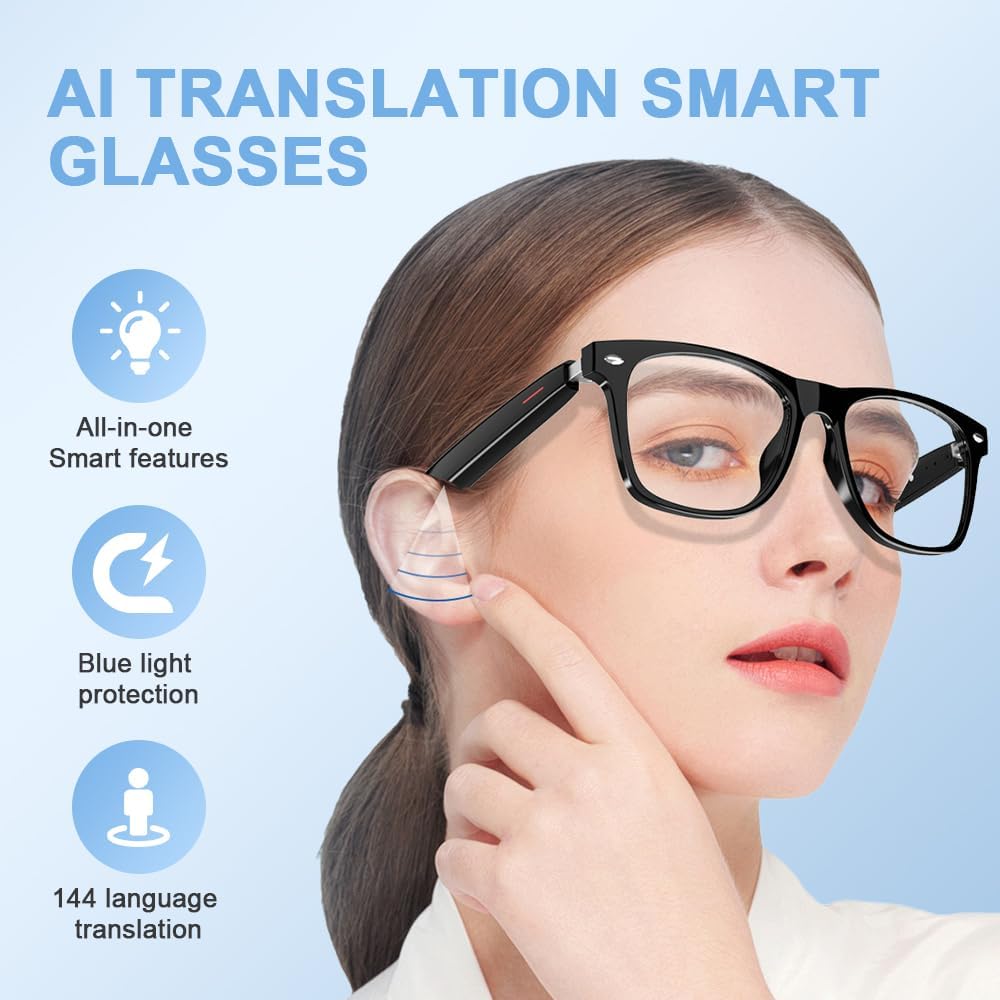 Lunettes intelligentes AI avec traduction en temps réel - Bluetooth avec plus de 110 langues, AI multifonction pour femmes et hommes (blanc)
