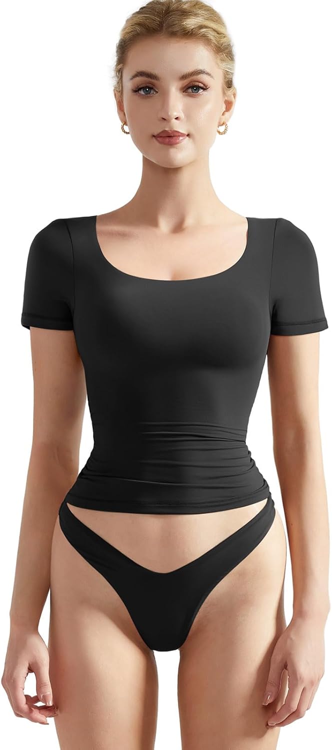 SUUKSESS Women Double Lined Fitted Basic Tee Scoop Neck Short Sleeve Y2K Crop Top