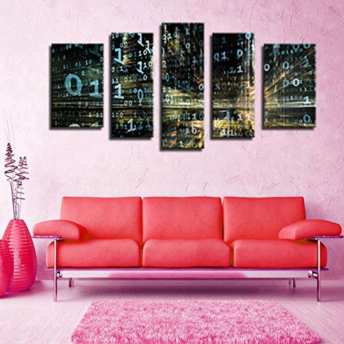 Melody Art - Canvas Paintings Of Information Physics Programming Code Numbers Tunnels 3D Light Psychedelic Computer Art Wall Prints Framed And Stretched Ready To Hang , 5 Panels #TOP2