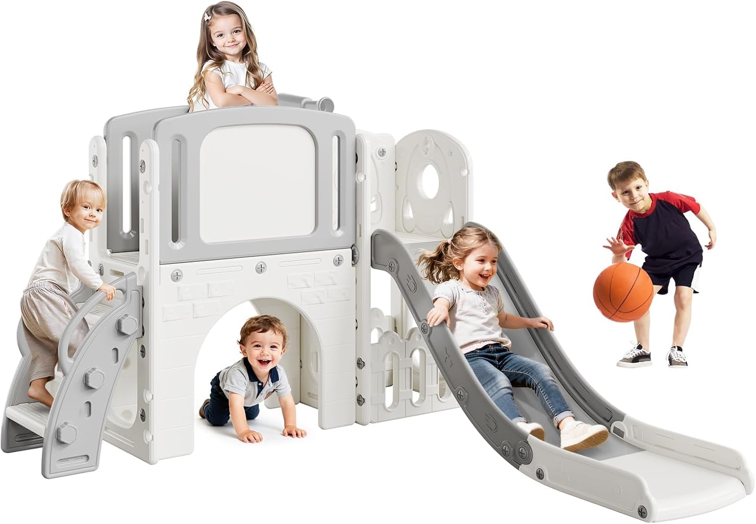 8-in-1 Toddler Slide Set with Climbing Ladder, Tunnel, Telescope & Basketball Hoop, Indoor Outdoor Playground Climber with Drawing Board & Storage, Kids Play Toy for Toddlers Age 1-3,Light Pink