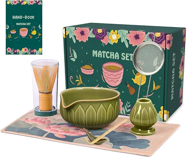 Matcha Whisk Set - 7pcs Japanese Tea Ceremony Kit with Spouted Bowl & Bamboo Whisk, Matcha Starter Kit for Beginners - Authentic Green Tea Accessories, Gift Set for Lovers-Dark Green