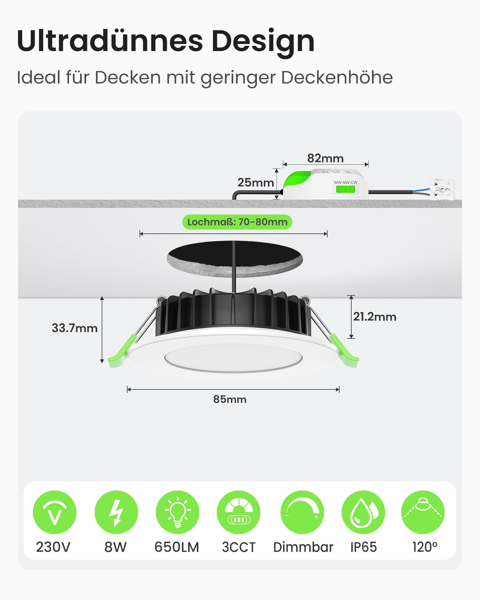 ALUSSO 3CCT LED Einbaustrahler 230V Dimmbar 8W IP65 Loch 70-80MM 6er Set | Warmweiß Neutralweiß Kaltweiß Spots Deckenleuchte Deckenspots Einbauleuchten Einbauspots für Badezimmer Küche, Weiss