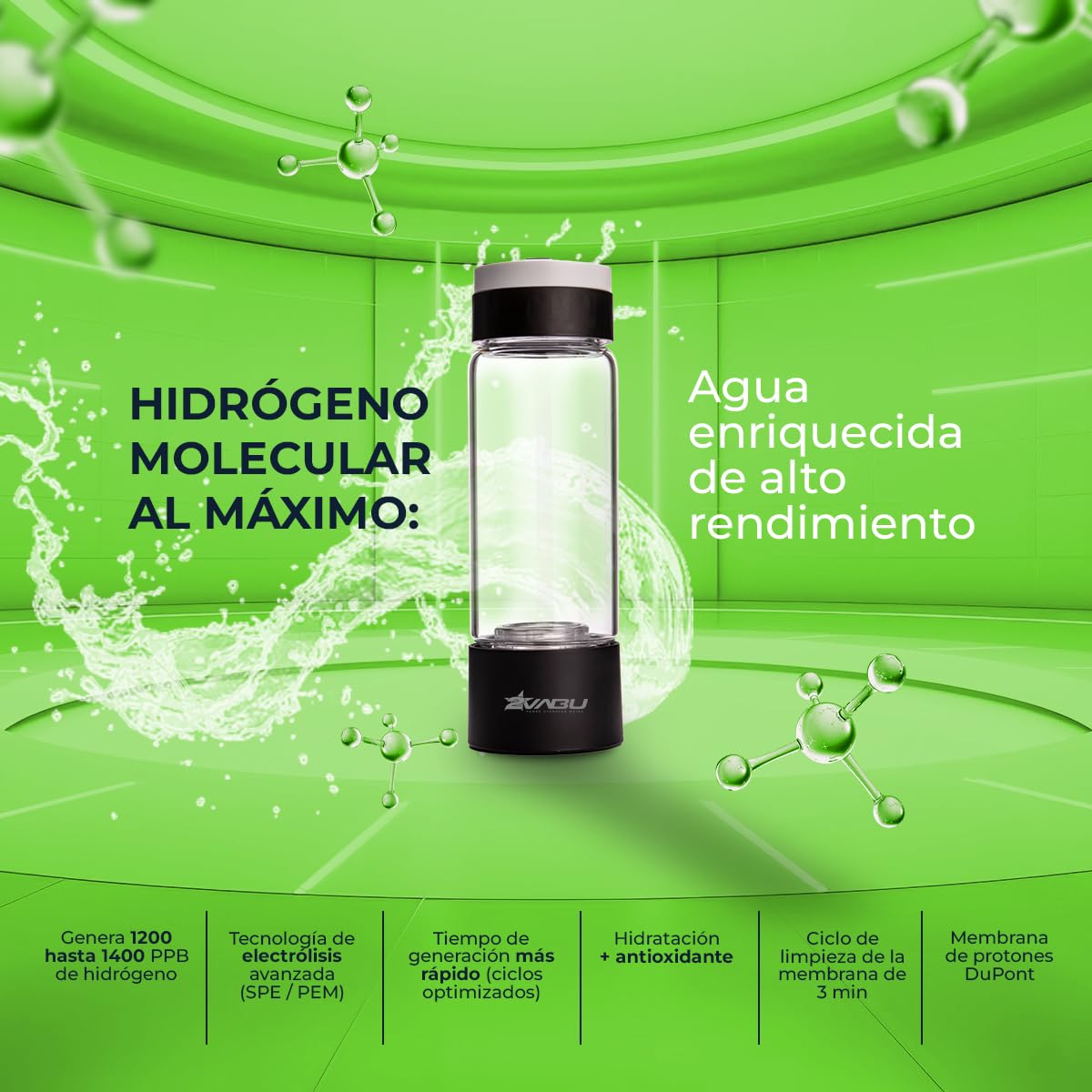 Botella de Agua Hidrogenada – 1400 PPB de Hidrógeno Molecular – Tecnología SPE/PEM de Alta Pureza – Incluye Funda Protectora - Auto limpieza Membrana - 400 ml (Molecular Sport)