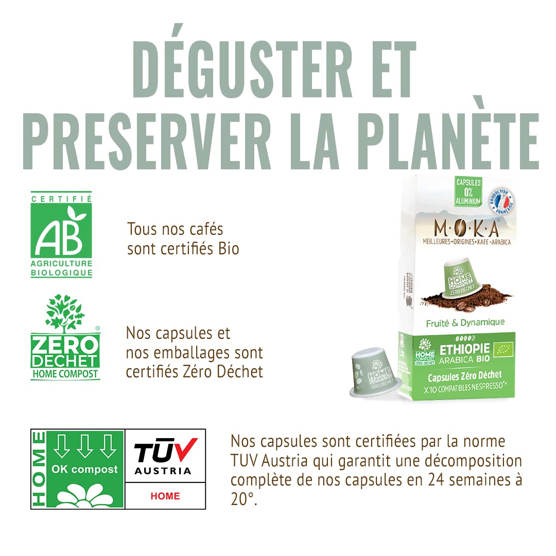 MOKA - 100 Capsules Café Bio d’excellence 100% Pur Arabica d'Ethiopie Bio (10*10) - Délicat et Fruité - Compatibles avec Nespresso - Intensité 8 - Home Compost - Expresso et Lungo - Torréfié en France