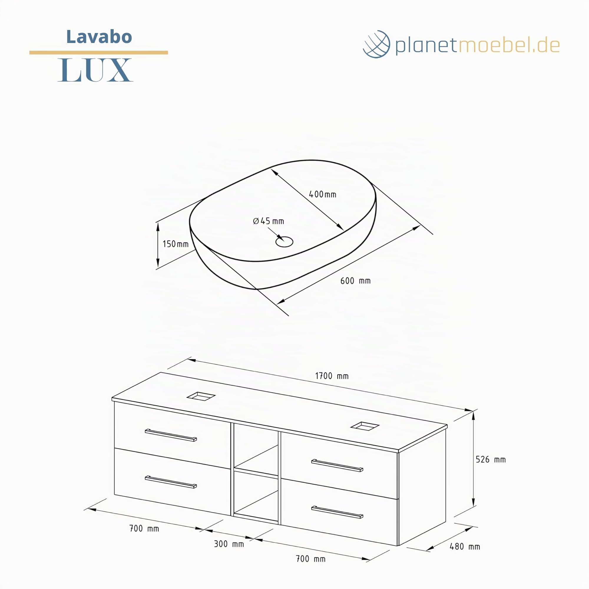 Planetmöbel Lux Set di mobili da bagno con lavabo sospeso da 170 cm e 2 lavabi da appoggio da 60 cm di colore bianco, mobili in rovere dorato/antracite