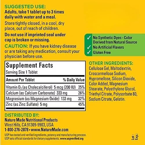 Miniatura 2 de Nature Made Suplemento D3 de calcio, magnesio y zinc, 300 tabletas de suplemento de minerales múltiples  Suplemento de magnesio y calcio y zinc
