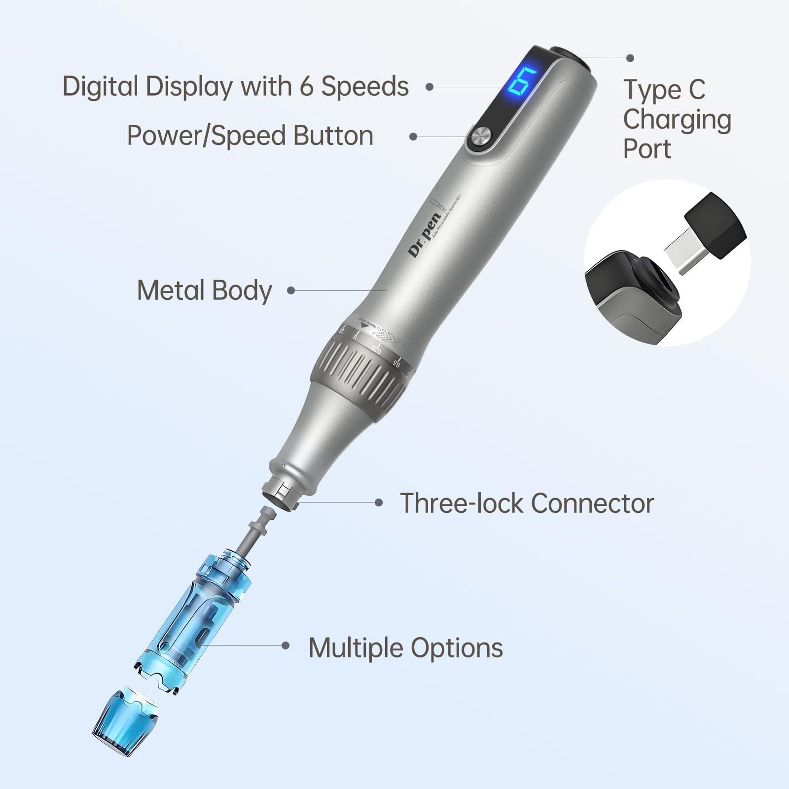 Dr.pen Microneedling Pen for Home Use - DR.PEN HANDPIECE with 20Pcs Replacement Cartridges - 0-2.5mm - Dermal Roller Stamp Pen for Face, Hair, Beard, Scalp-Professional Skin Care Tool Beauty Kit for Man and Women — view 2