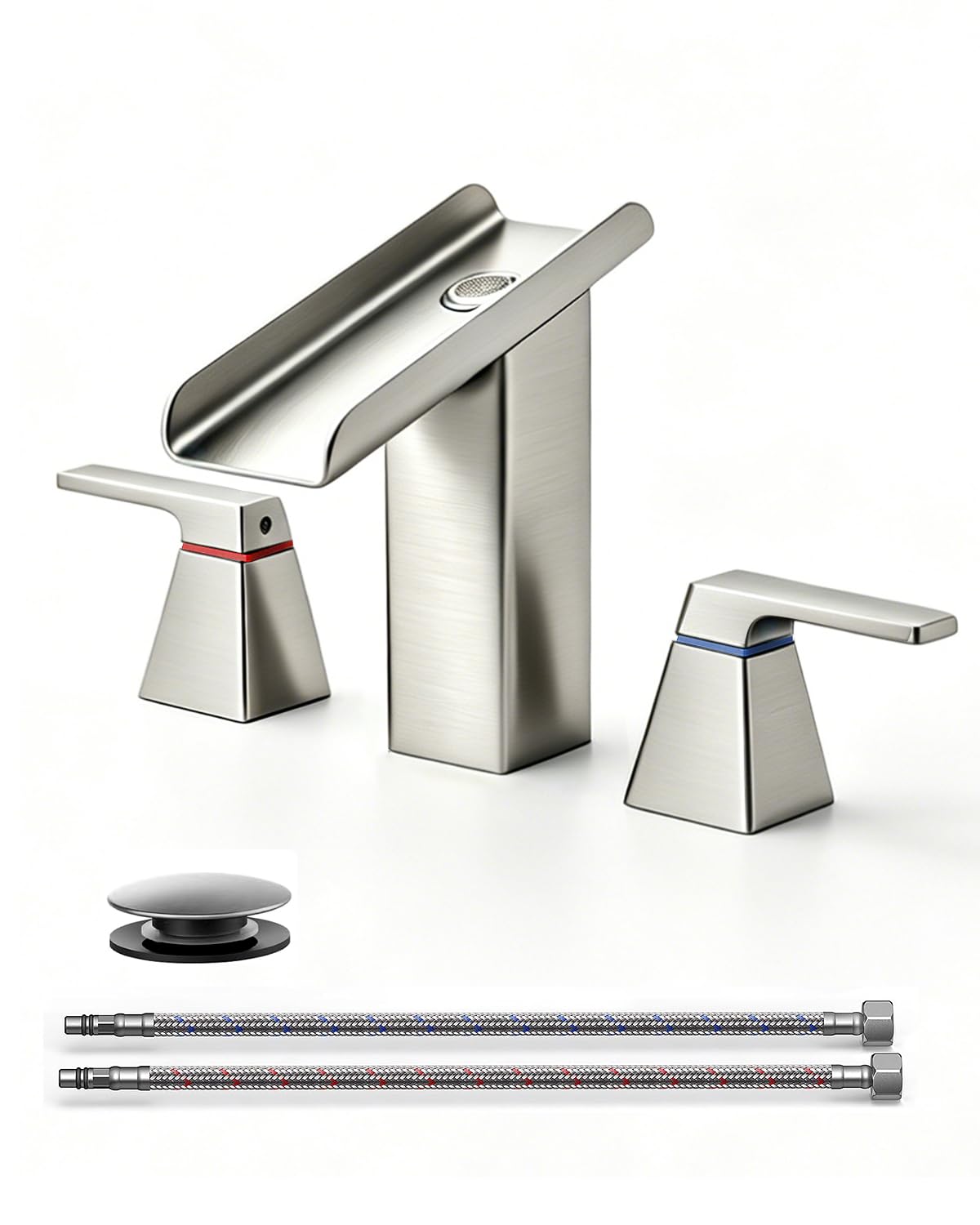 Hcfyauis C - Brushed Nickel Brushed Nickel Bathroom Faucet For 3-Hole Vanity Sinks 8 Inch Widespread Waterfall Lavatory Faucet With Two Handles, Pop-Up Drain, And Supply Hoses