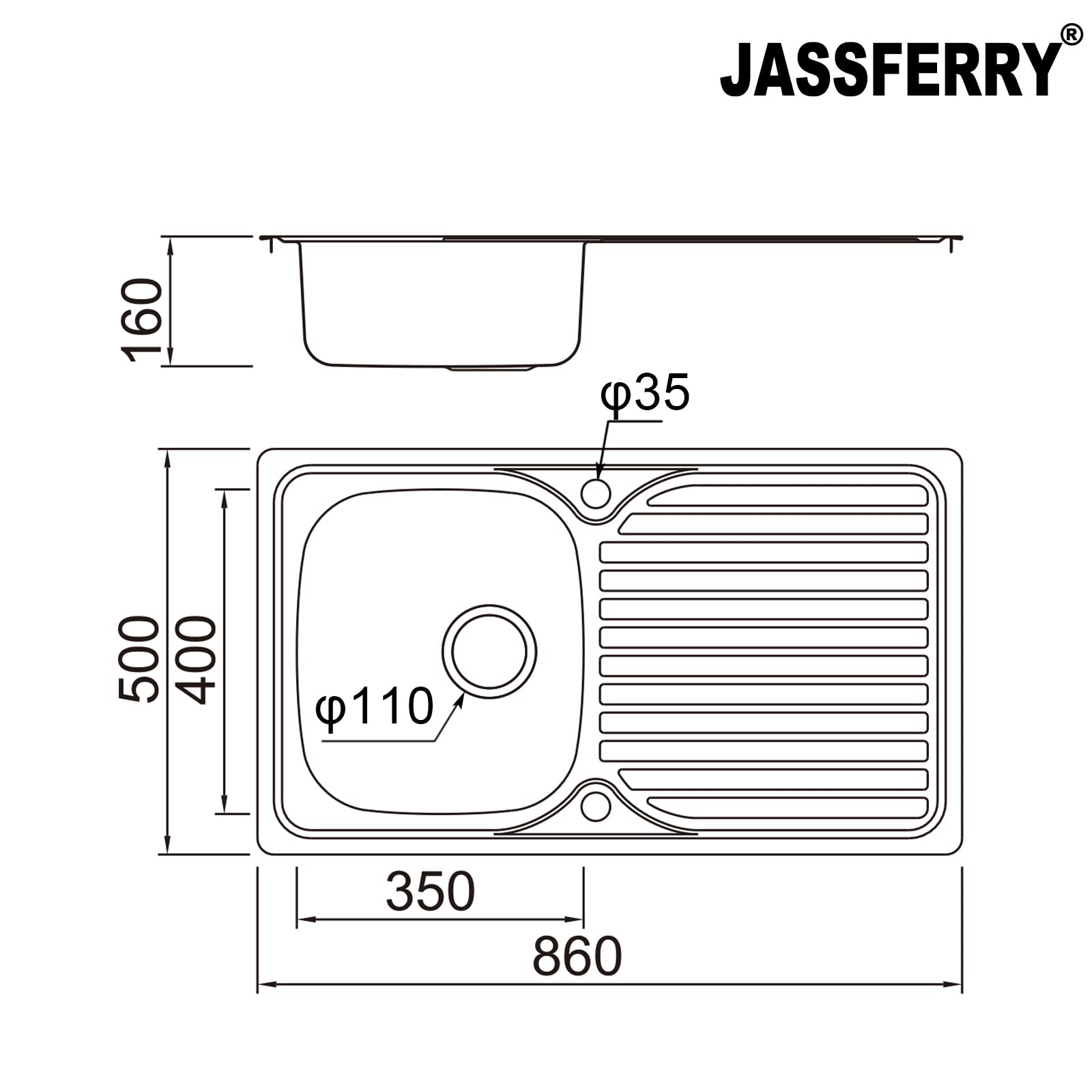 JASSFERRY Fregadero de cocina un seno, de Acero Inoxidable, escurridor reversible, con colador de residuos 860 x 500x160mm