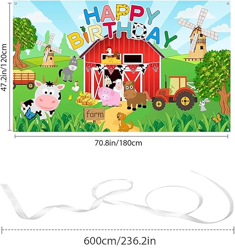 Miniatura 2 de Fondo de fotografía de animales de granja, puerta de granero, color rojo, para baby shower y suministros de fiesta de cumpleaños de niños, 72.8 x