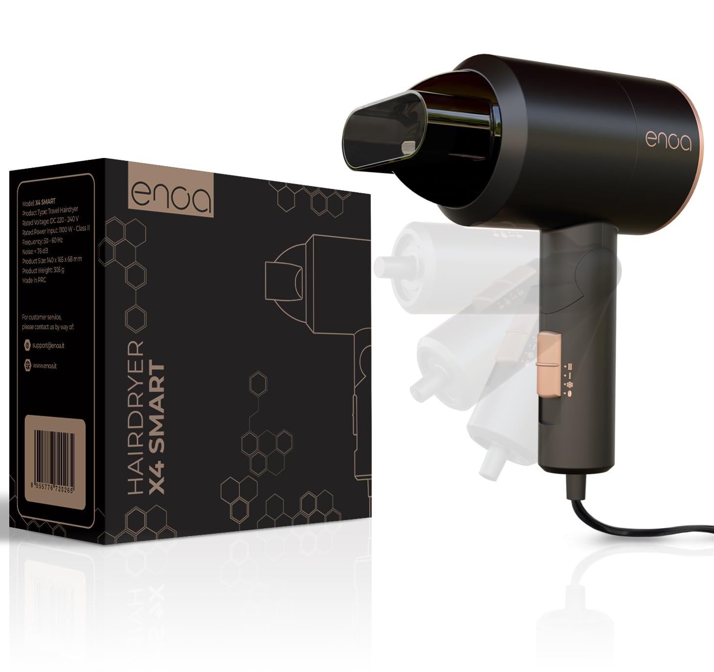 Phon da Viaggio Pieghevole Compatto ENOA X4 SMART, Asciugatura Rapida, Asciugacapelli da Viaggio con Manico Pieghevole, Concentratore di Precisione, 3 Velocità / 3 Temperature, Silenzioso, Leggero