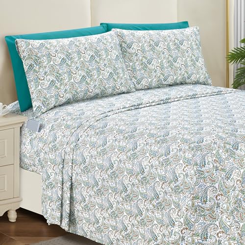 Image of Elegant Comfort Softest and Coziest 4-Piece Sheet Set - 1500 Premium Hotel Quality Microfiber - Deep Pocket, Wrinkle Resistant 4-Piece Paisley Pattern Bed Sheet Set, Twin, Paisley Teal