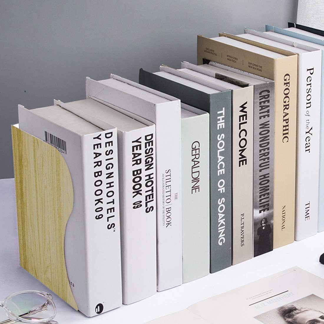 DIFIT Buchstütze, Verstellbar Buchstützen, Metall Bücherstützen, Erweiterbare Bücherhalter, Bücherstütze für Regal, Holzimitation Buchstützen Metall für Schreibtisch(1Stück)