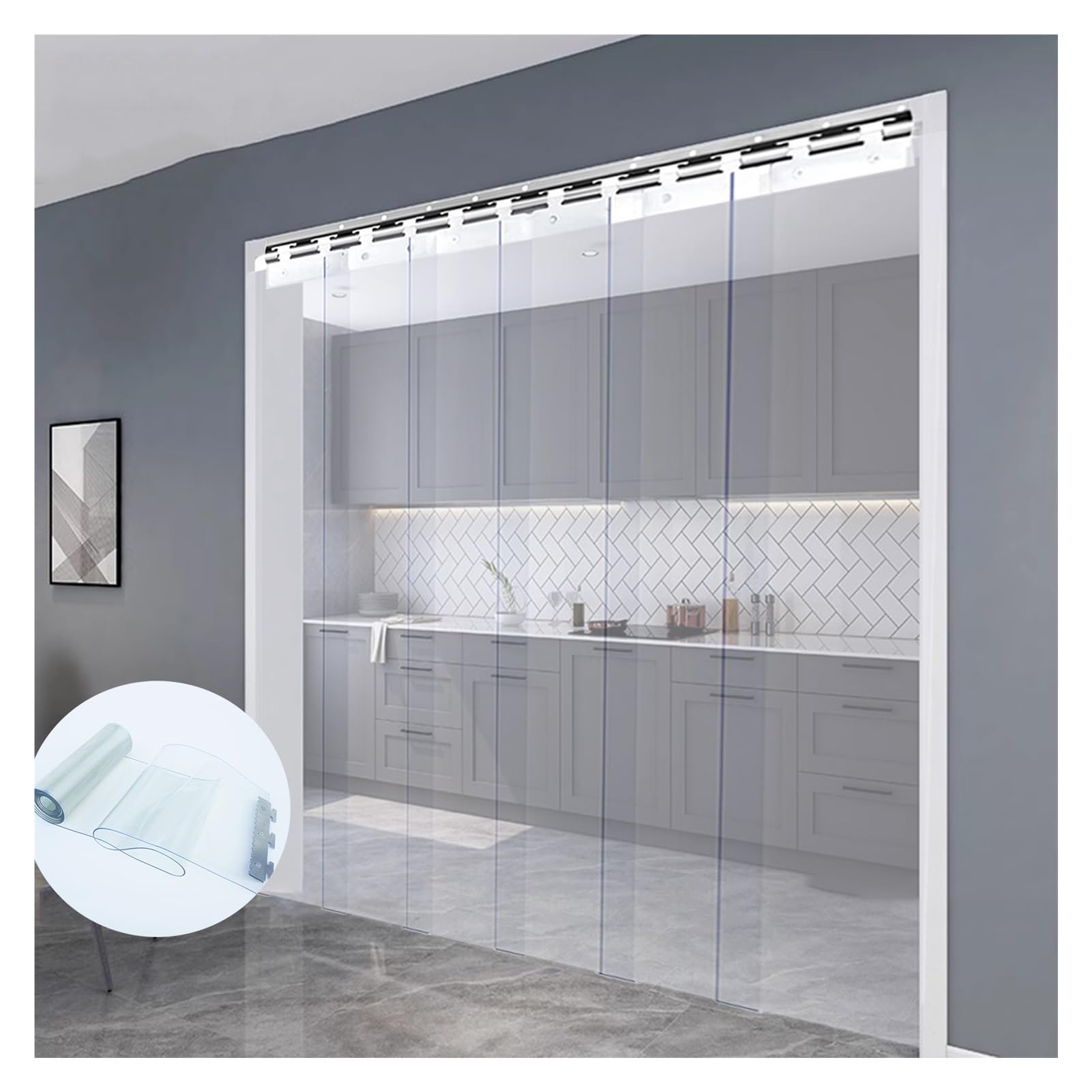 Rideau de porte en plastique transparent, kit de rideau de porte en PVC, rideau à lanières en PVC transparent pour accès aux chambres froides et aux congélateurs (transparent, 135 x 230 cm /