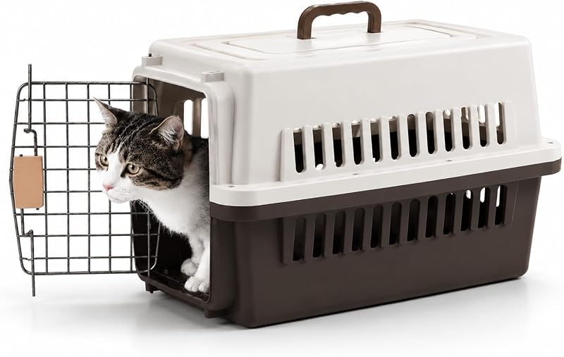 Caixa de Transporte Rígida para Gatos e Pequenos Animais, Plástico Ventilado, Coffee, Small