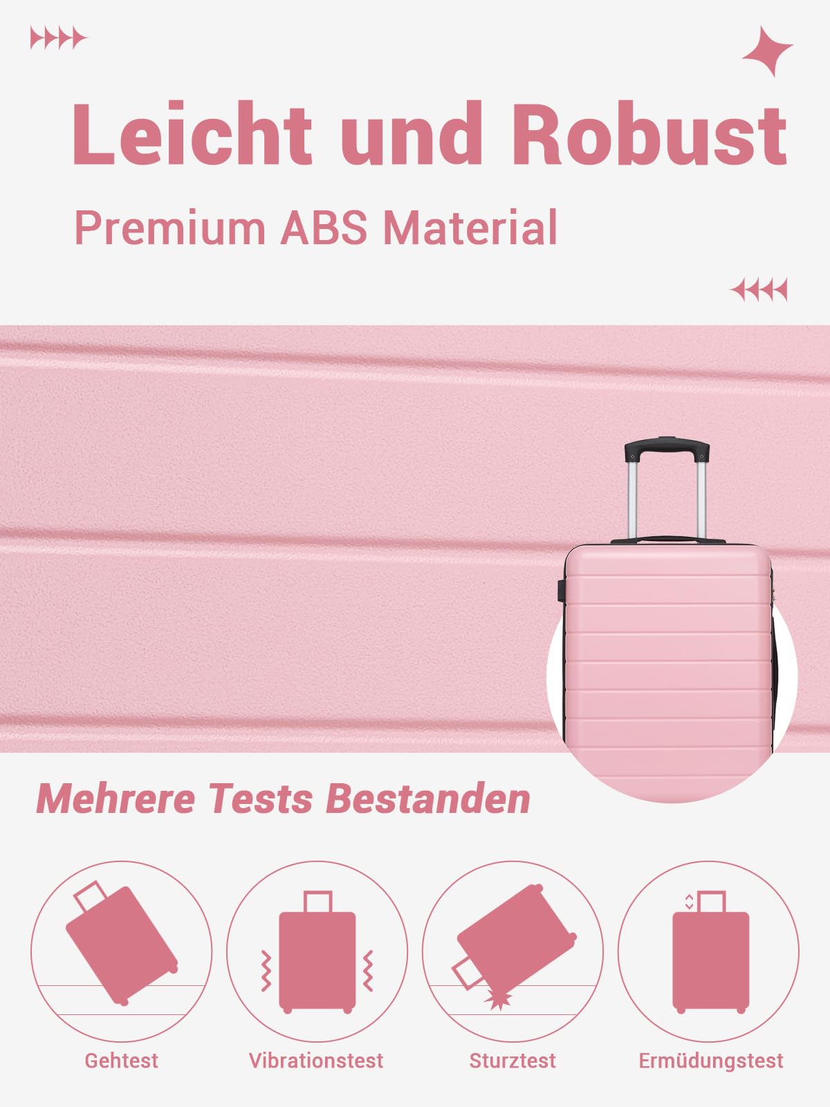 Handgepäck Koffer 55x40x20 cm Reisekoffer Hartschalenkoffer aus ABS, Leichter Trolley mit 4 Leisen 360° Doppelrollen, Integriertem Schloss, Für Viele Airlines Geeignet (M, Rosa)