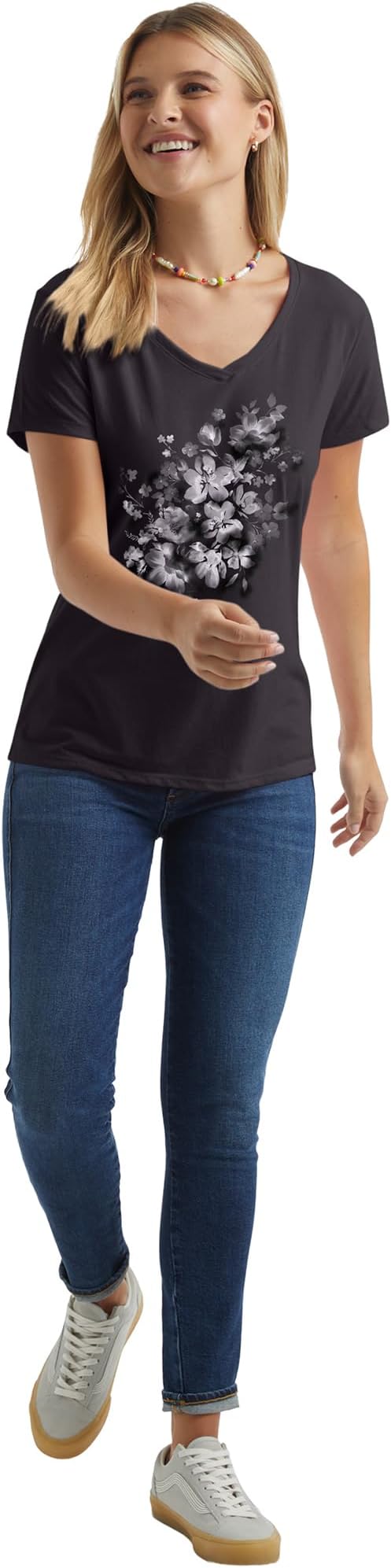 Hanes Women's Short Sleeve V-Neck Graphic T-Shirt 95% Polyester, 5% Spandex