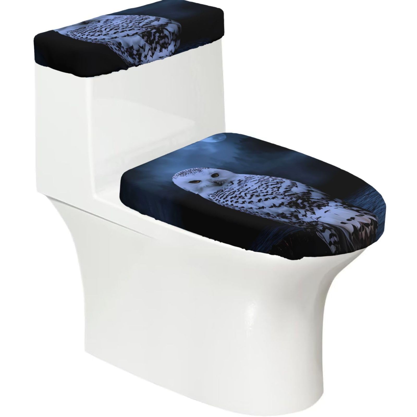 Owl at Night 2-Piece Toilet Seat Cover Set with Tank Lid - Elastic for U-Shape & Elongated - Bathroom Decor