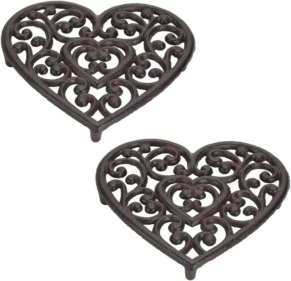SUMTREE 2pcs Cast Iron Heart Trivet Decorative Trivet Mat Hot Pot Holder Pads for Kitchen Or Dining Table (8", Brown, Rusty)