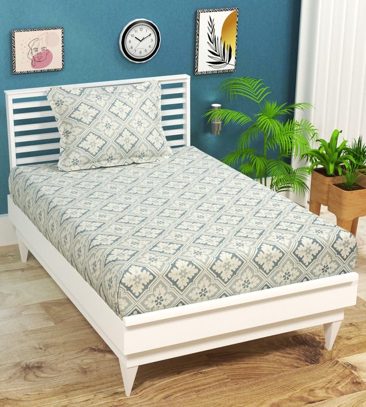 BSB HOME Premium Cotton 180tc Flat Single Bedsheets for Summer Breathable | Wrinklefree (Size-60 x 90 Inch) with 1 Pillow Covers (Size-17 x 27 Inches, Traditional, White & Grey)