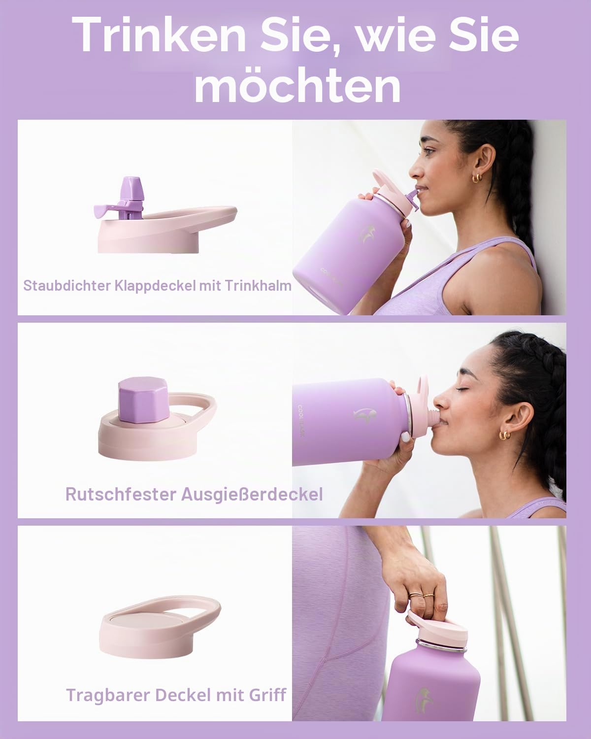 Coolflask Isolierte Wasserflasche mit PU-Lederhülle, 1,8 l Wasserflasche, Farbkontrast mit Strohhalm-Deckeln, großer Edelstahl-Krug, hält 48 Stunden heiß 24 Stunden kalt, lila
