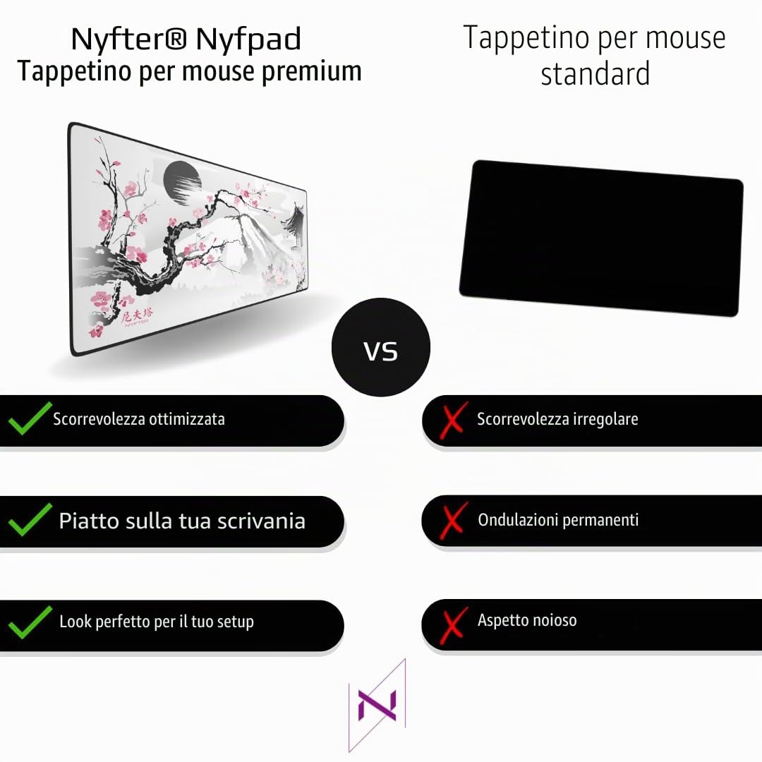 Nyfter - Tappetino per mouse da gioco XXL, Sakura, bianco, 900 x 500 mm, di alta qualità, con bordi cuciti grandi, durevole, con scorrevolezza di alta qualità e antiscivolo
