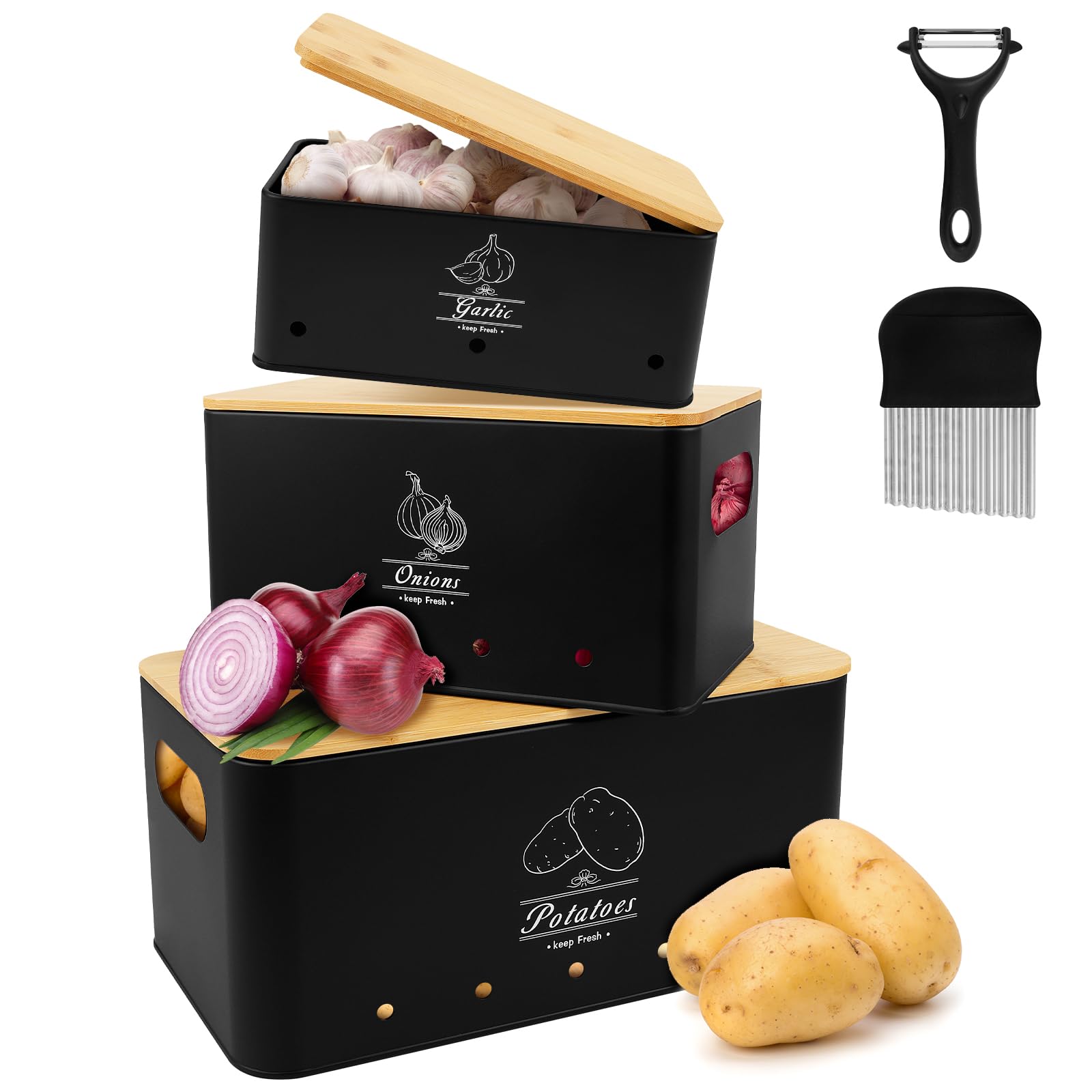 Kartoffel Aufbewahrungsbox 5er Set GemüSe Aufbewahrungsbox Küche Mit Sparschäler Und Wellenschneider FüR Knoblauch Zwiebel Kartoffel Aufbewahrung