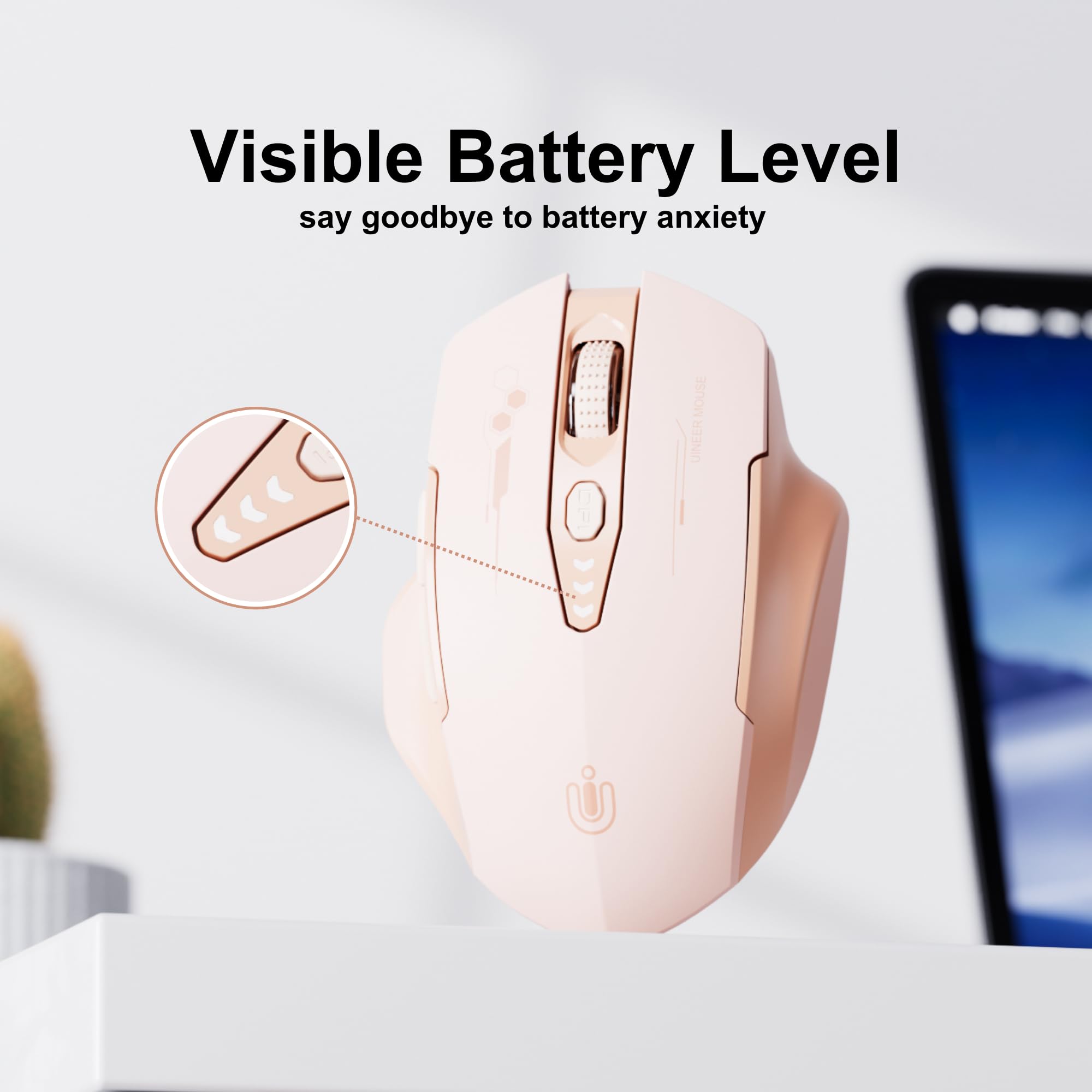 Uineer mouse wireless, [Aggiornato] mouse bluetooth multi-dispositivo, Livello batteria visibile, Tri-mode (BT 5.0/4.0+2.4G Hz) Mouse ergonomico ricaricabile, 4 DPI regolabili, mouse senza fili