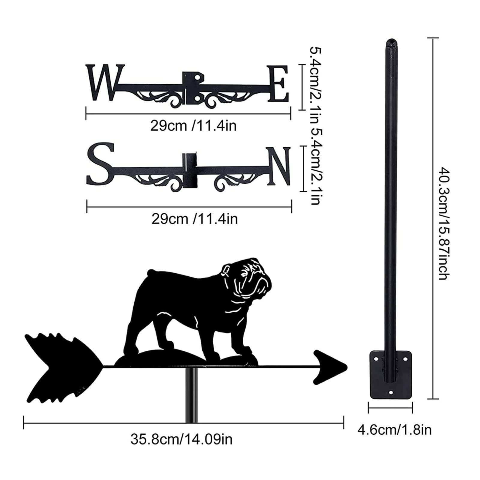 BRLIBESE Durable Metal Animals Ornament Wind Vane Bulldog Farm Scene Weather Vane Easy to Assemble Weathervane Measuring Tools for Outdoor Lawn Fence Posts Pergola